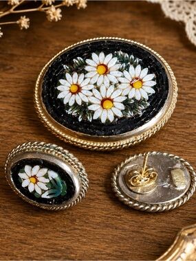 Micro Mosaic Brooch and Earrings Set - Daisy signed Italy